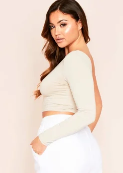 Tops*Missy Empire Siara One Shoulder Long Sleeve Crop Top Beige