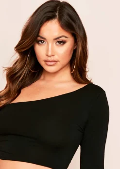 Tops*Missy Empire Siara One Shoulder Long Sleeve Crop Top Black