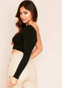 Tops*Missy Empire Siara One Shoulder Long Sleeve Crop Top Black