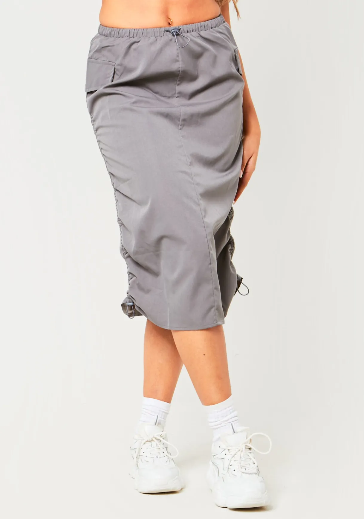 Concert Outfits|Skirts*Missy Empire Sienna Charcoal Parachute Ruched Side Cargo Midi Skirt