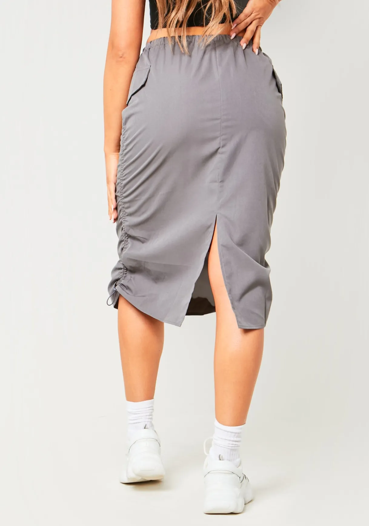 Concert Outfits|Skirts*Missy Empire Sienna Charcoal Parachute Ruched Side Cargo Midi Skirt