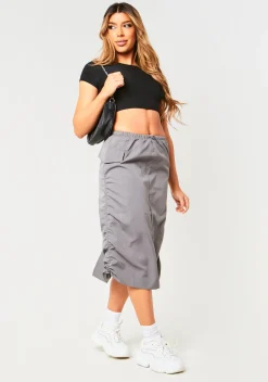 Concert Outfits|Skirts*Missy Empire Sienna Charcoal Parachute Ruched Side Cargo Midi Skirt
