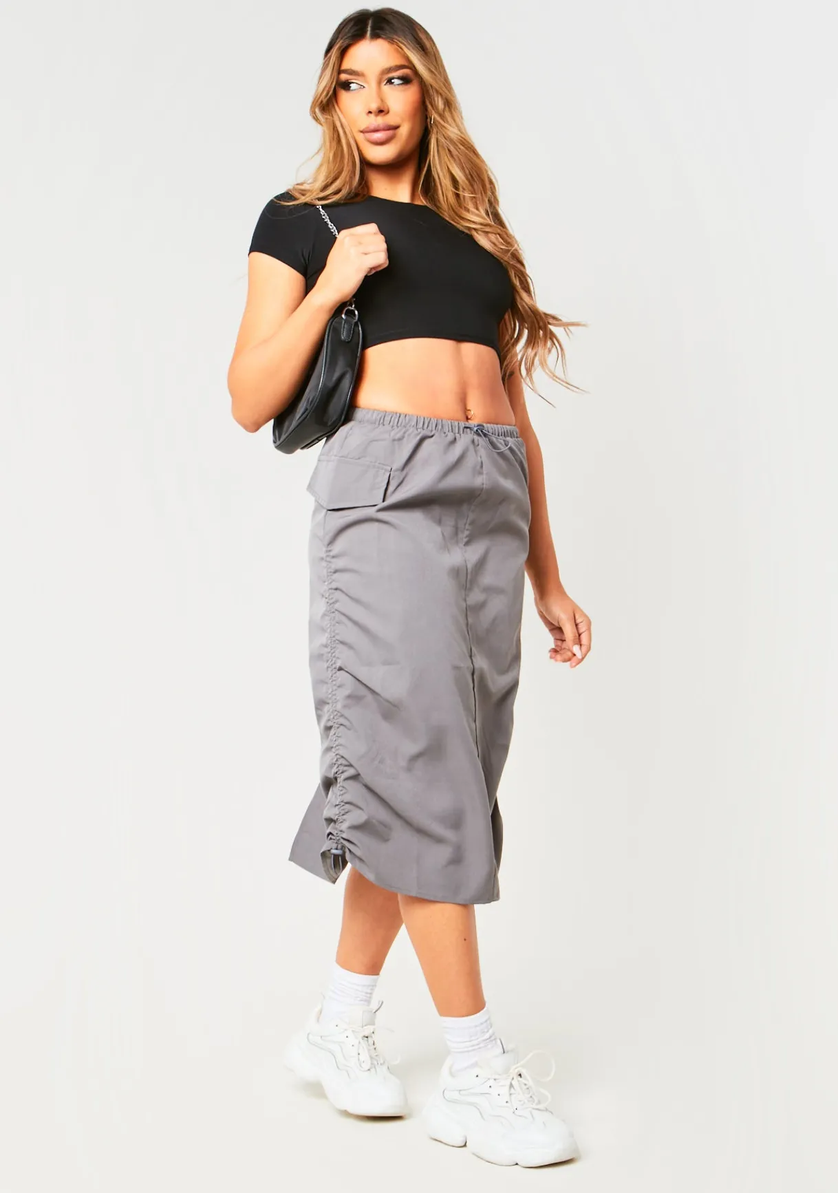Concert Outfits|Skirts*Missy Empire Sienna Charcoal Parachute Ruched Side Cargo Midi Skirt