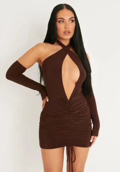Rave Outfits|Going Out Dresses*Missy Empire Simone Chocolate Cut Out Cold Shoulder Ruched Mini Dress