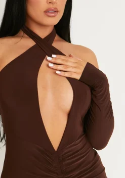 Rave Outfits|Going Out Dresses*Missy Empire Simone Chocolate Cut Out Cold Shoulder Ruched Mini Dress