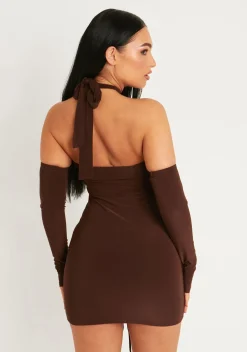 Rave Outfits|Going Out Dresses*Missy Empire Simone Chocolate Cut Out Cold Shoulder Ruched Mini Dress