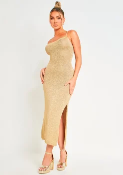 The Party Edit|Knitted Dresses*Missy Empire Skylar Metallic Knit Midi Dress Gold