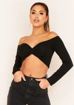 Tops*Missy Empire Socorro Black Twist Front Bardot Long Sleeve Crop Top