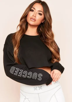 Airport Vibin'|Loungewear*Missy Empire Sofia Succeed Slogan Cropped Sweatshirt Black