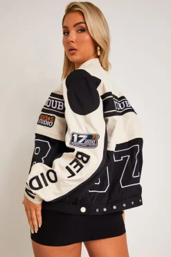 Concert Outfits|Coats & Jackets*Missy Empire Sofie Black Multi-Patch 2-in-1 Detachable Cropped Racing Jacket