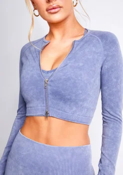 Gym Tops|Coats & Jackets*Missy Empire Solana Acid Wash Cropped Active Sport Jacket Blue