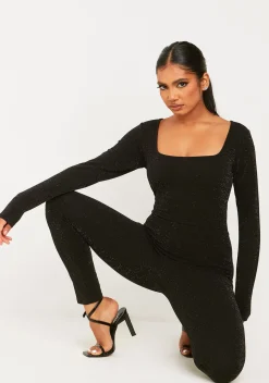 Jumpsuits & Playsuits*Missy Empire Stacey Black Glitter Square Neck Jumpsuit