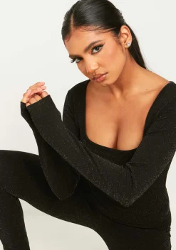 Jumpsuits & Playsuits*Missy Empire Stacey Black Glitter Square Neck Jumpsuit