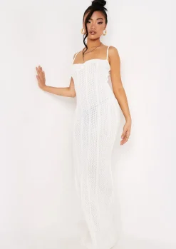 Knitted Dresses|Maxi Dresses*Missy Empire Stella Ruched Front Crochet Maxi Dress Ivory