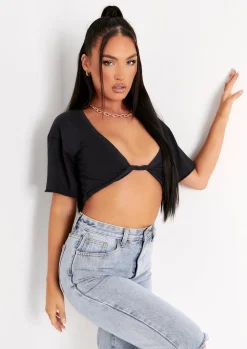 Tops*Missy Empire Talia Black Cap Sleeve Twist Front Plunge Crop Top