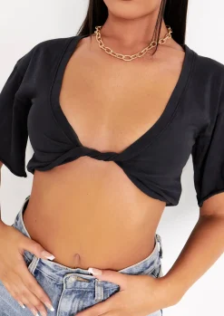 Tops*Missy Empire Talia Black Cap Sleeve Twist Front Plunge Crop Top
