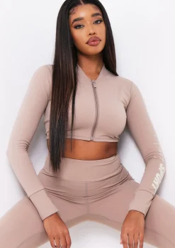 Gym Tops|Activewear*Missy Empire Tana Missy Sport Zip Through Cropped Gym Jacket Mocha