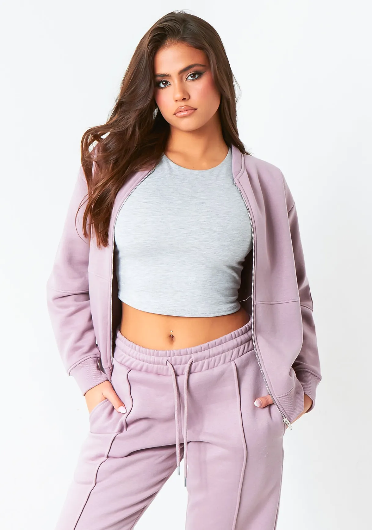 Airport Vibin'|Tracksuits*Missy Empire Tess Purple Bomber Jacket Sweatshirt Mauve