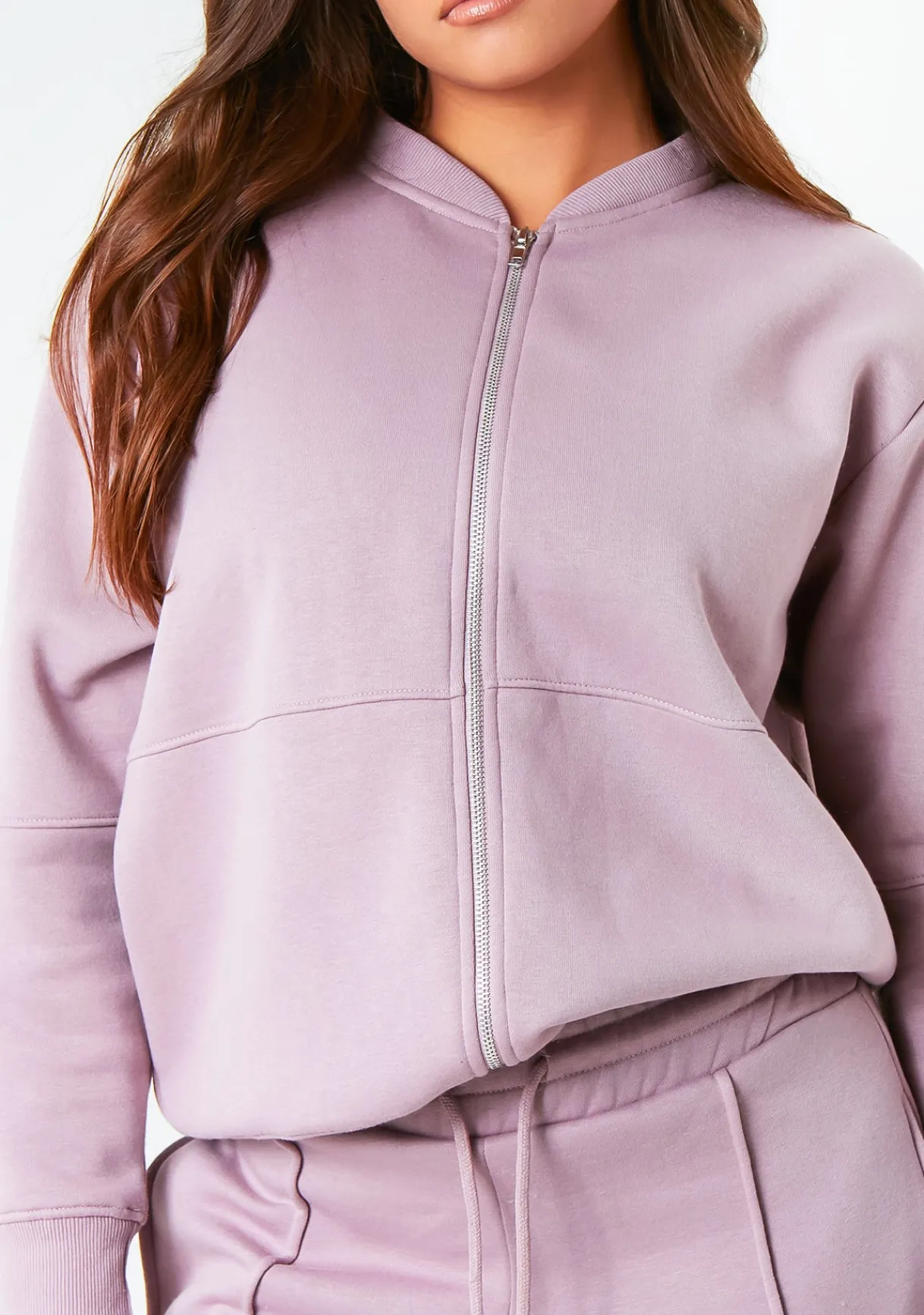 Airport Vibin'|Tracksuits*Missy Empire Tess Purple Bomber Jacket Sweatshirt Mauve