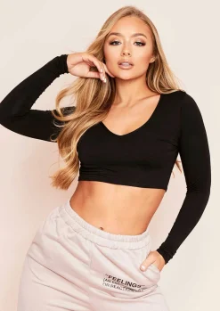 Tops|Basics*Missy Empire Tilda Basic Jersey V Plunge Crop Top Black