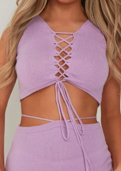 Rave Outfits|Tops*Missy Empire Tyra Lilac Knitted Lace Front Crop Top