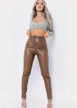 Trousers*Missy Empire Urmi Vegan Leather PU Skinny Trousers Brown