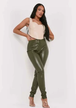 Trousers*Missy Empire Urmi Vegan Leather PU Skinny Trousers Khaki