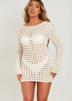 Long Sleeve Dresses|Knitted Dresses*Missy Empire Valerie Ivory Low Back Crochet Beach Dress Cover Up