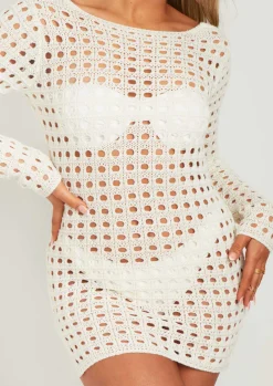 Long Sleeve Dresses|Knitted Dresses*Missy Empire Valerie Ivory Low Back Crochet Beach Dress Cover Up