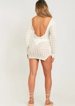Long Sleeve Dresses|Knitted Dresses*Missy Empire Valerie Ivory Low Back Crochet Beach Dress Cover Up