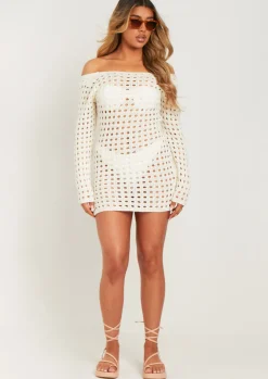 Long Sleeve Dresses|Knitted Dresses*Missy Empire Valerie Ivory Low Back Crochet Beach Dress Cover Up