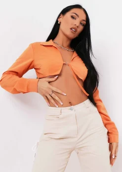 Tops*Missy Empire Vanessa Burnt Orange Tie Up Plunge Cropped Shirt