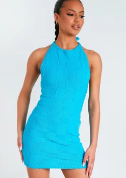 Knitted Dresses|Mini Dresses*Missy Empire Willa Blue Checkerboard Knit Halter Neck Mini Dress