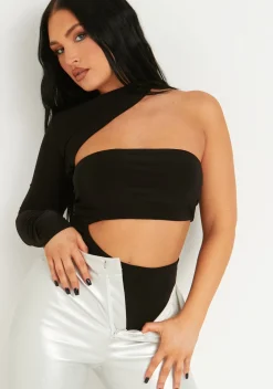 Rave Outfits|Concert Outfits*Missy Empire Yasmine Black One Sleeve Cut Out Bodysuit