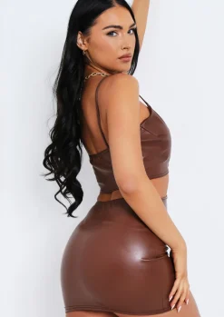 Rave Outfits|Mini Dresses*Missy Empire Yasmine Chocolate PU Cut Out Cross Mini Dress