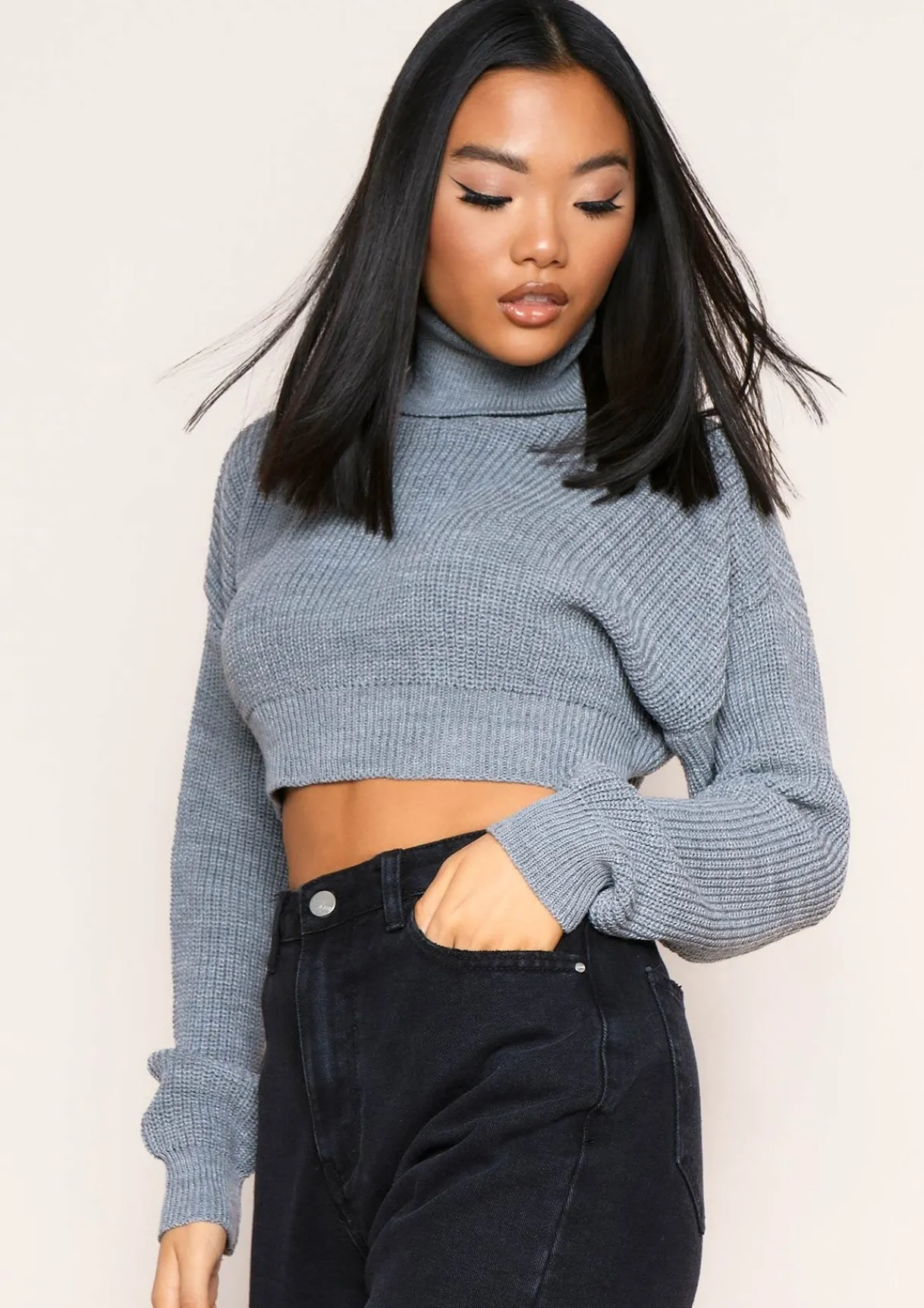 Knitwear*Missy Empire Zaralena Knitted Roll Neck Cropped Jumper Grey