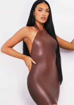 Mini Dresses|Party Dresses*Missy Empire Zia Chocolate PU Halterneck Dress