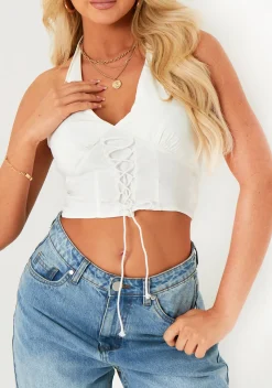 Tops*Missy Empire Zoey White Lace Up Detail Halter Top