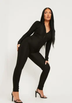 Jumpsuits & Playsuits*Missy Empire Zora Black Disco Zip Front Jumpsuit