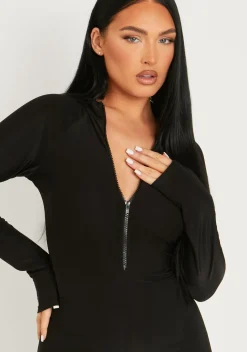 Jumpsuits & Playsuits*Missy Empire Zora Black Disco Zip Front Jumpsuit